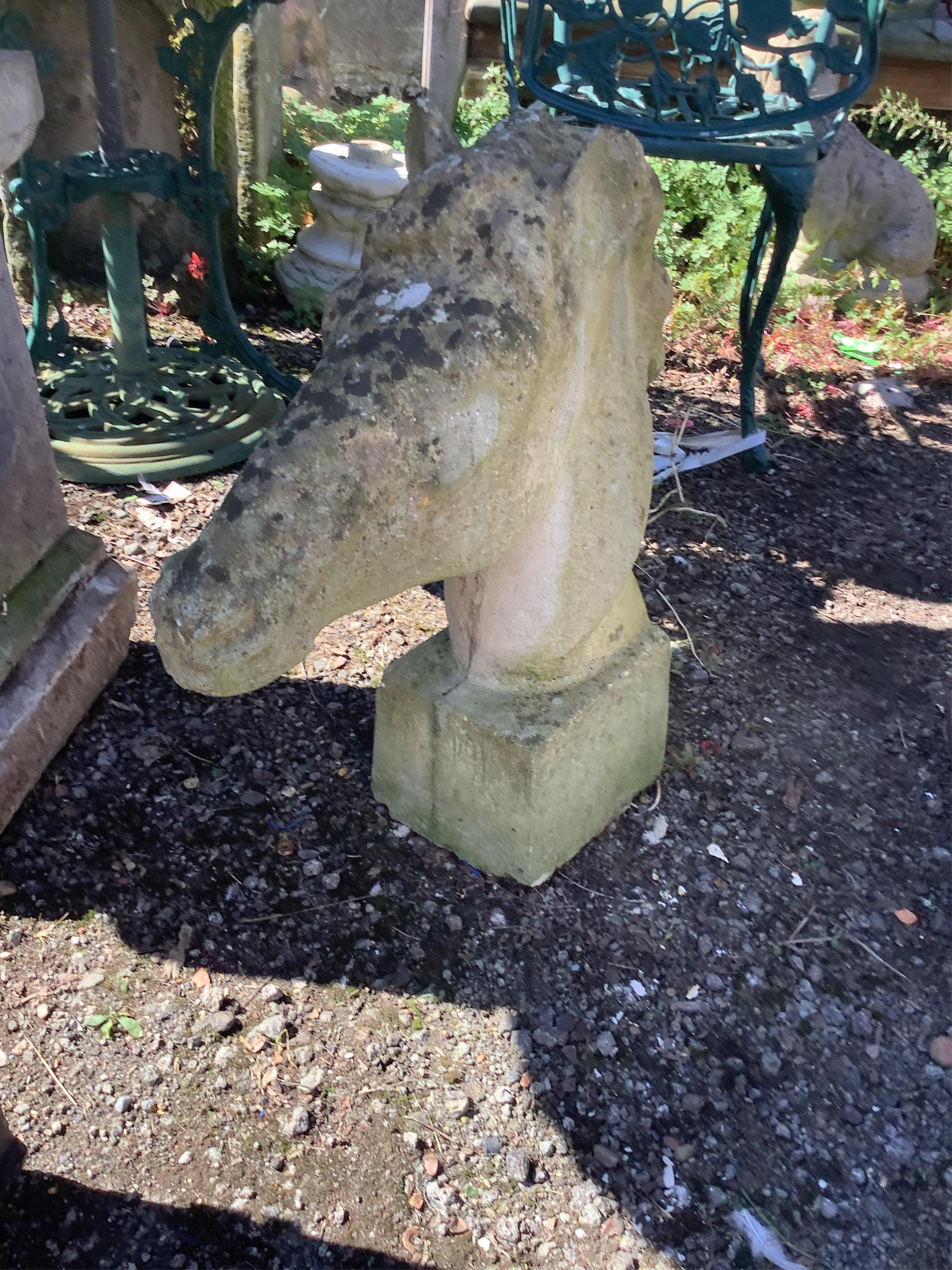 A reconstituted stone horse head garden ornament, height 60cm. Condition - fair